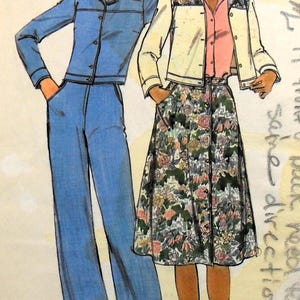 May include: Illustration of two figures in vintage clothing. One wears a blue denim jacket and flared pants. The other wears a floral print skirt, a pink shirt, and a cream-colored jacket with floral accents. The image is a fashion illustration.