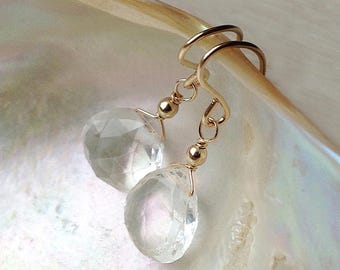 Clear quartz dangly earrings, rock crystal drop earrings, April birthstone -gold, rose gold, silver, wedding bridal jewelry UK