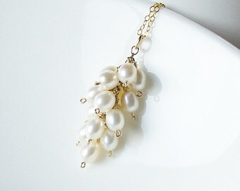 White pearl pendant, cluster necklace, premium freshwater pearls, delicate pearl bridal cascade necklace, wire wrapped in 14kt gold fill