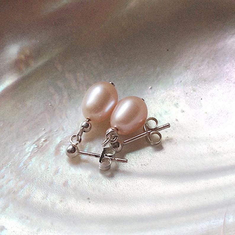 Blush pink pearl drop earrings dainty real pearls bridesmaid Etsy