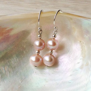 Blush pink pearl earrings. real baroque pearl dangly earrings. studs or hooks. bridal bridesmaid gift. freshwater pearl jewelry UK