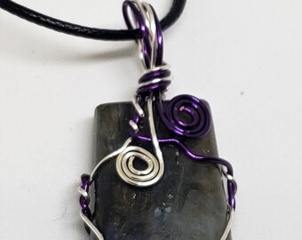 Silver and Purple Wire Wrapped Labradorite Necklace
