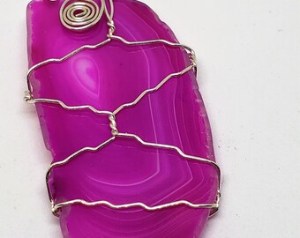 Wire Wrapped Dyed Pink Agate Stone Necklace