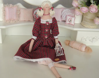 Tilda doll, doll with a bird, ragdoll, textile doll, doll in a pink dress, handmade doll, interior doll, fabric doll