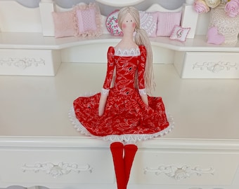 doll in red dress, Tilda doll, doll with long hair, gift for mom, soft doll, handmade doll, interior doll, cloth doll, tilde fabric
