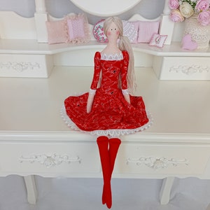doll in red dress, Tilda doll, doll with long hair, gift for mom, soft doll, handmade doll, interior doll, cloth doll, tilde fabric