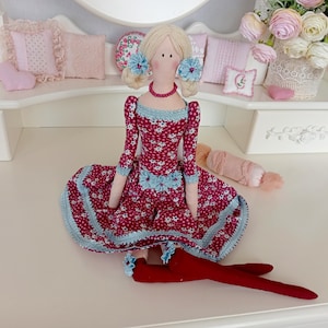 Doll in burgundy dress, Tilda doll, handmade doll, textile doll, gift for mom, soft doll, interior doll, fabric doll, home decor, art doll