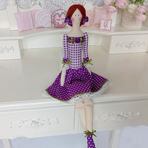 Tilda doll, doll with red hair, doll in Provence style, gift for mom, textile doll, doll in lilac dress, interior doll, fabric doll