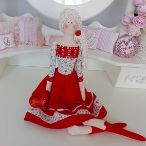 doll in a dress with roses, Tilda doll, doll with long hair, textile doll, handmade doll, interior doll, doll made of fabric, artdoll