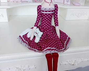 doll in a burgundy polka-dot dress, Tilda doll, handmade doll, fabric doll, doll with a cat, soft doll, decorative doll, blonde doll