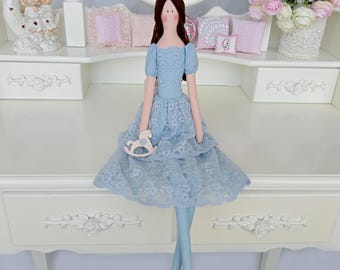 Doll with horse, Tilda doll, handmade doll, textile doll, brunette doll, art doll, birthday gift, exclusive gift, interior doll, fabric doll