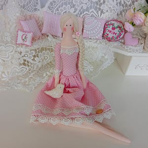 tilda doll, interior doll, fabric doll, doll with a bird, doll in polka-dot dress, doll with long hair, gift for mom, handmade dolls