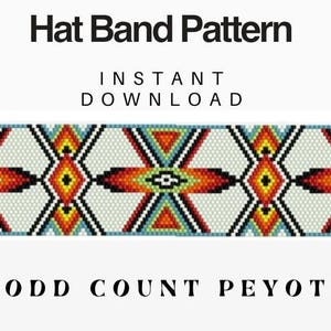 May include: A beaded hat band pattern in an odd count peyote stitch. The pattern features a geometric design with red, orange, yellow, blue, green, black, and white beads. The text "Hat Band Pattern" and "Instant Download" is at the top of the image. The text "Odd Count Peyote" is at the bottom of the image.