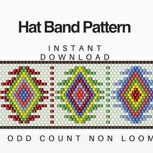 May include: A beaded hat band pattern with a geometric design in red, blue, green, yellow, and white. The pattern is for an odd count, non-loom project. The text "Hat Band Pattern" and "Instant Download" is displayed above the pattern. The text "Odd Count Non Loom" is displayed below the pattern.