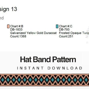 May include: A digital pattern for a hat band, featuring a geometric design in black, turquoise, and gold. The text "Hat Band Pattern - Instant Download" is displayed. The page also includes a bead legend with color and count information.
