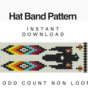 May include: A beaded hat band pattern with a geometric design in black, red, yellow, blue, and white. The pattern is labeled "Hat Band Pattern" and "Odd Count Non Loom".