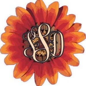 May include: Orange and red flower with a monogram of the letters "SD" in a brown script font.