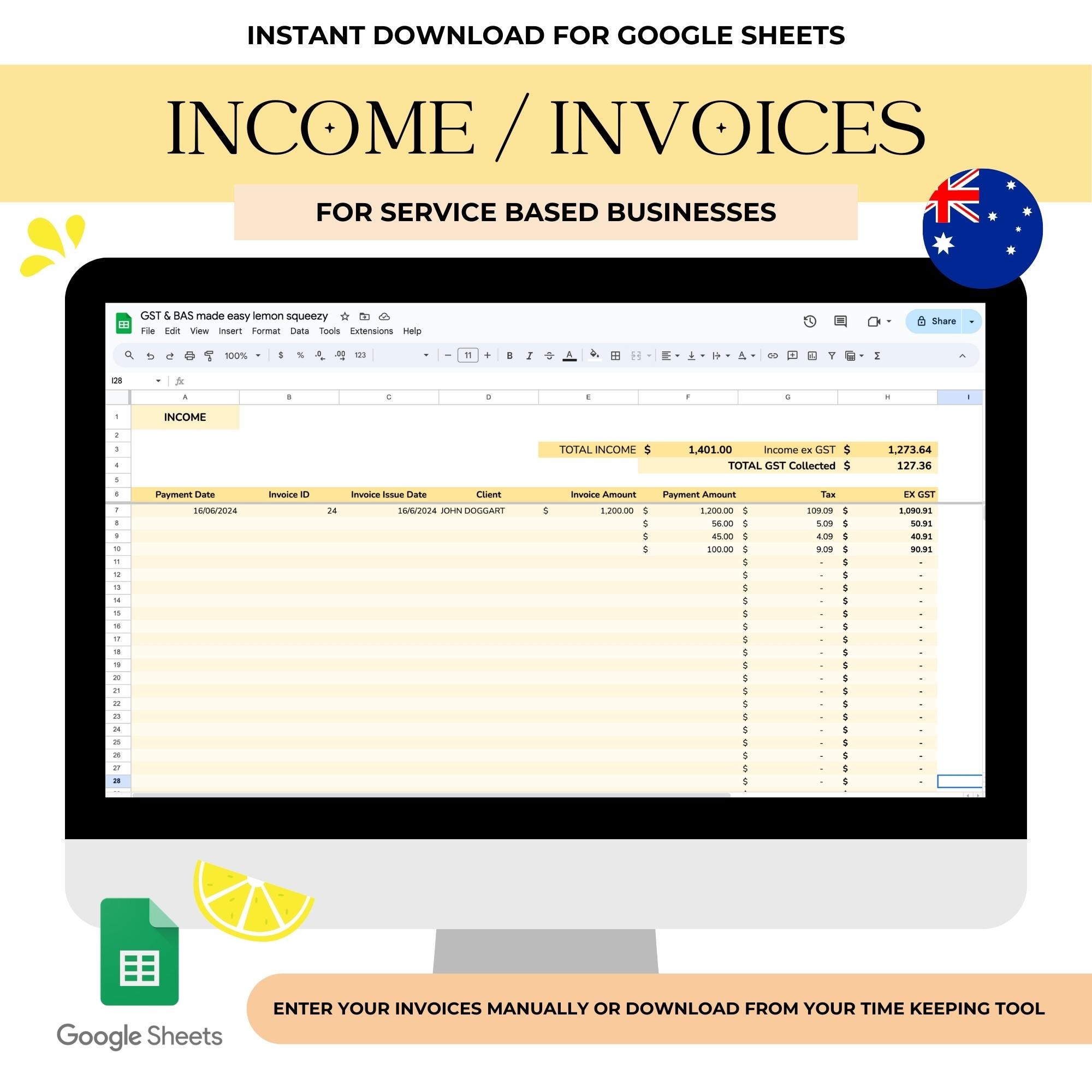 Service Business GST Worksheet for BAS Easy Bookkeeping Google Sheet ...
