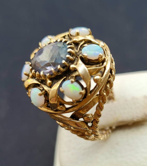 14k Estate Vintage Natural Opal and Tanzanite Rin… - image 2