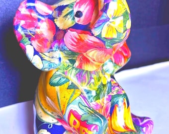 Pottery / Ceramic Elephant, Vintage Collaged Brightly Decorated, Amazing
