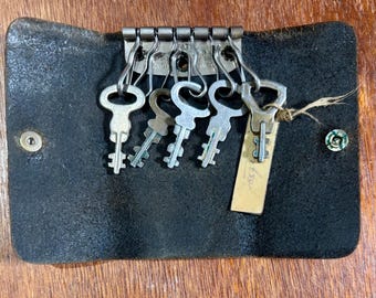 Vintage Black Leather Key Wallet with All Vintage Keys, 1950’s