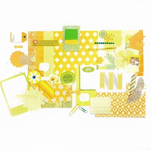 Yellow scrapbook kit, journal pack, pocket letter pack, ephemera pack, paper kit, junk journal kit, happy mail, yellow journal pack.