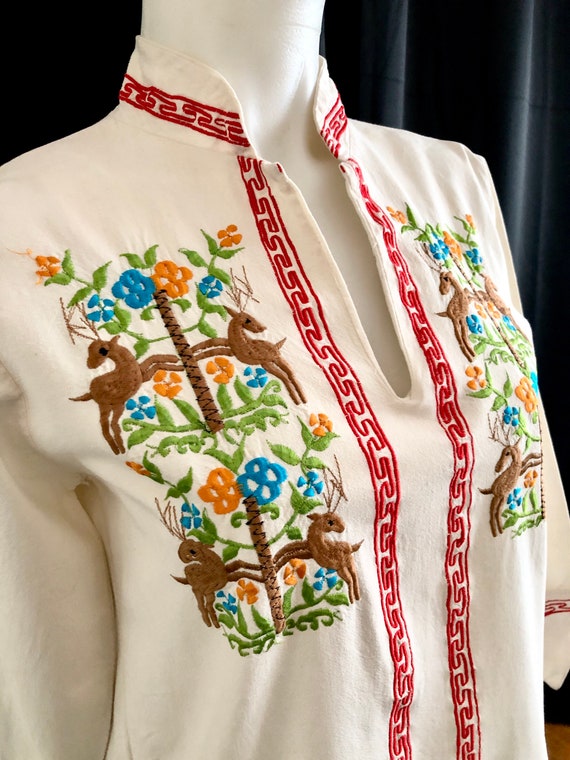 VTG. Embroidered Boho Reindeer Folk Tunic Blouse - image 6