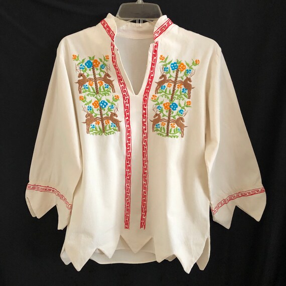 VTG. Embroidered Boho Reindeer Folk Tunic Blouse - image 1