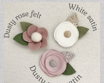 Dusty rose felt flower headband-dusty rose satin flower headband-ivory satin flower hair bow-baby headband- dainty head band-flower headband