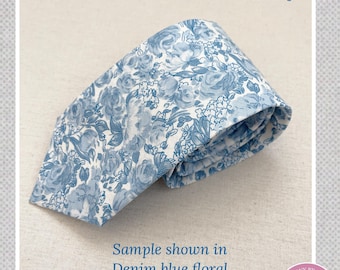 Blue Floral Wedding Necktie - Groomsmen Tie, Handmade