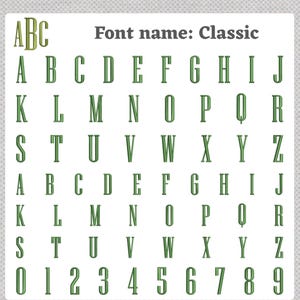 K&ouml;nnte beinhalten: Eine wei&szlig;e Karte zeigt das Alphabet und die Zahlen in einer gr&uuml;nen, klassischen Schriftart. Der Text "PinkPeony by Christy" steht oben. Der Text "Schriftartname: Classic" steht &uuml;ber dem Alphabet. Der Text unten lautet "Geben Sie Ihren Vor-/NACH-/Mittelnamen und die Schriftart bei der Personalisierung an."