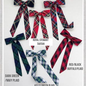 May include: A selection of plaid bow ties in shades of red, green, and blue, with names like "Red Black Tartan" and "Kelly Green Plaid." The image displays various styles, including pre-tied and self-tie options. The text "PinkPeony by Christy" is at the top.