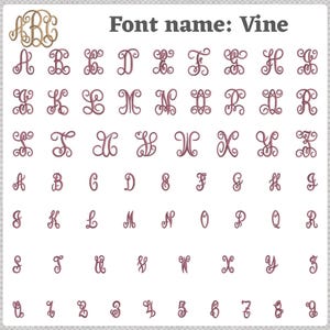 K&ouml;nnte beinhalten: Pr&auml;sentation der Schriftart Vine, die das Alphabet und die Zahlen in einem dekorativen Stil zeigt. Die Buchstaben und Zahlen sind burgunderfarben, mit einem Beispielmonogramm in Gold. Der Text ermutigt zur Personalisierung.