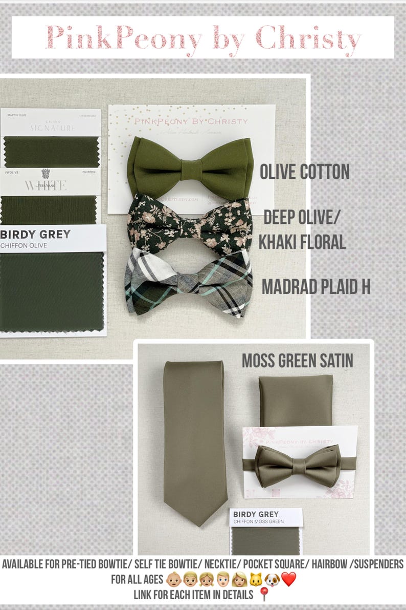 Pu&ograve; includere: Un assortimento di papillon, cravatte e pochette in varie tonalit&agrave; di verde, tra cui oliva e verde muschio. L'immagine mostra anche campioni di tessuto e il testo "PinkPeony by Christy".
