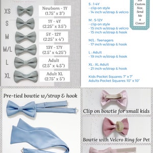 May include: A chart showing different sizes of pre-tied bowties with strap and hook, clip-on bowties for small kids, bowties with Velcro ring for pets, and self-tie bowties with strap and hook. The chart includes measurements in inches for each size. The bowties are in various colors, including light blue, pink, and gray.