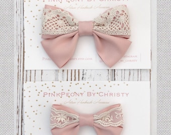 Peach Lace Hair Bow: Blush Satin Baby Headband