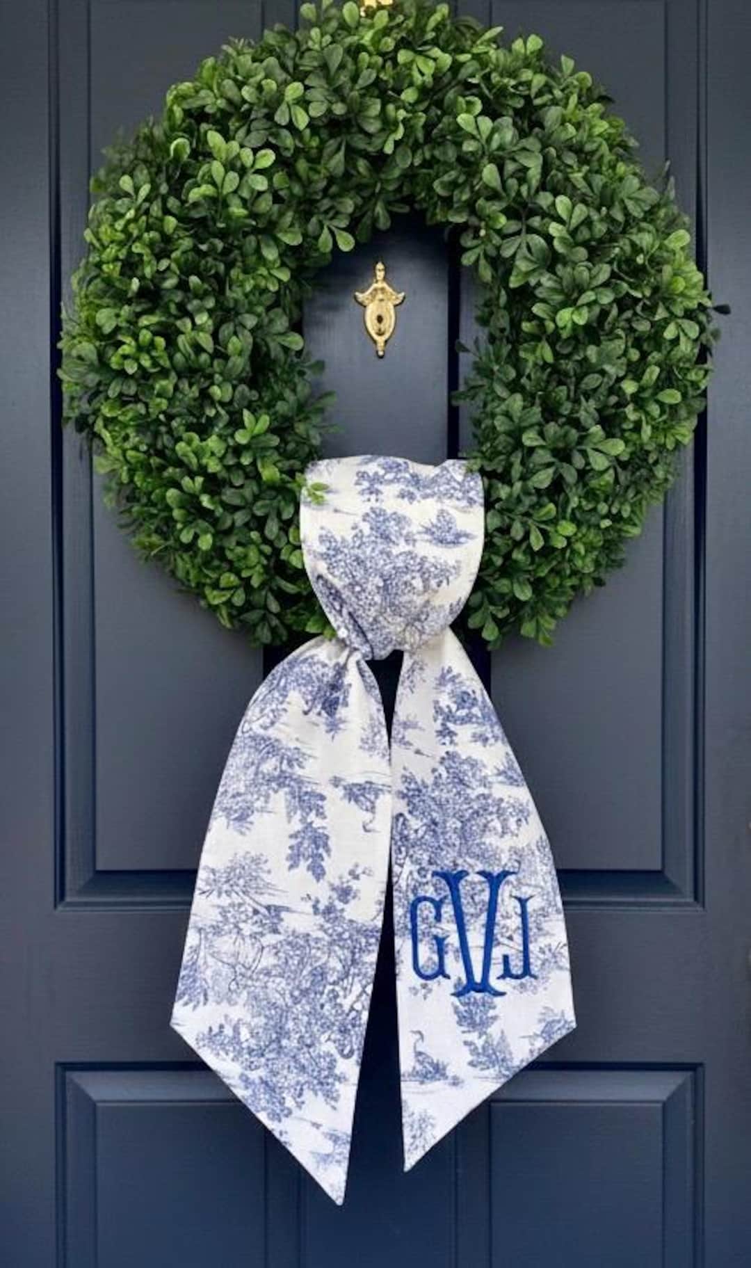 Wreath sash- French toile de Jouy sash -Personalized Toile sash- Monogrammed Blue and white wreath scarf -100% linen wreath bow