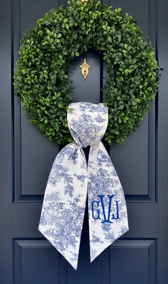 Wreath sash- French toile de Jouy sash -Personalized Toile sash- Monogrammed Blue and white wreath scarf -100% linen wreath bow