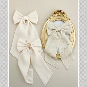Ivory satin long bow-Chiffon hairbow- Satin long hair bow- Bridal Long Hair bow- Flowergirl bow-Long tailed bows-wedding hair bow-Custom bow