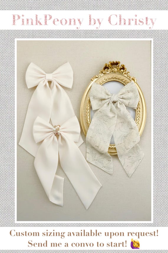 Ivory Satin Long Tail Hair Bow: Chiffon Bridal Flower Girl  display picture 3