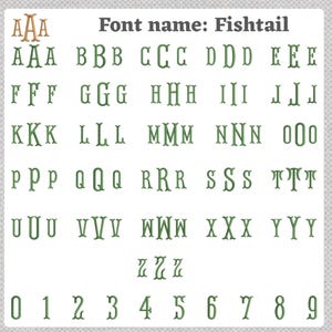 K&ouml;nnte beinhalten: Eine Darstellung der Schriftart Fishtail, einschlie&szlig;lich Gro&szlig;- und Kleinbuchstaben sowie Zahlen von 0-9. Die Schriftart ist ein dekorativer Serifenstil mit gr&uuml;ner Umrandung und hellbrauner F&uuml;llung. Der Text "PinkPeony by Christy" steht oben.