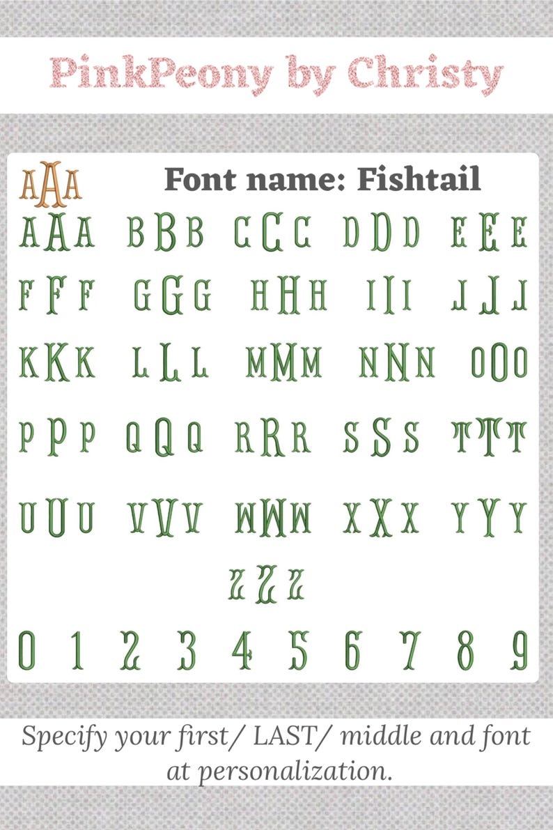 K&ouml;nnte beinhalten: Eine Darstellung der Schriftart Fishtail, einschlie&szlig;lich Gro&szlig;- und Kleinbuchstaben sowie Zahlen von 0-9. Die Schriftart ist ein dekorativer Serifenstil mit gr&uuml;ner Umrandung und hellbrauner F&uuml;llung. Der Text "PinkPeony by Christy" steht oben.
