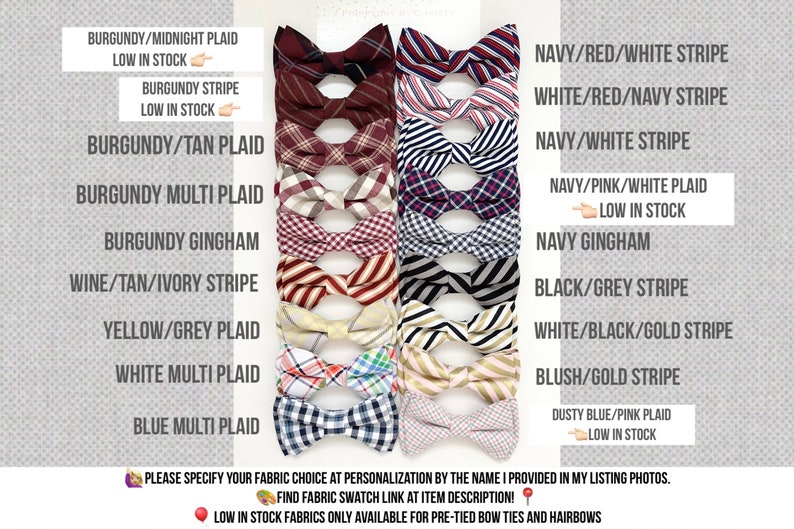 May include: A collection of 16 bow ties in various colors and patterns, including burgundy, navy, white, tan, pink, grey, yellow, and black. The bow ties are arranged in two rows of eight, with the names of each pattern listed below each bow tie. Some of the bow ties are marked as "low in stock".