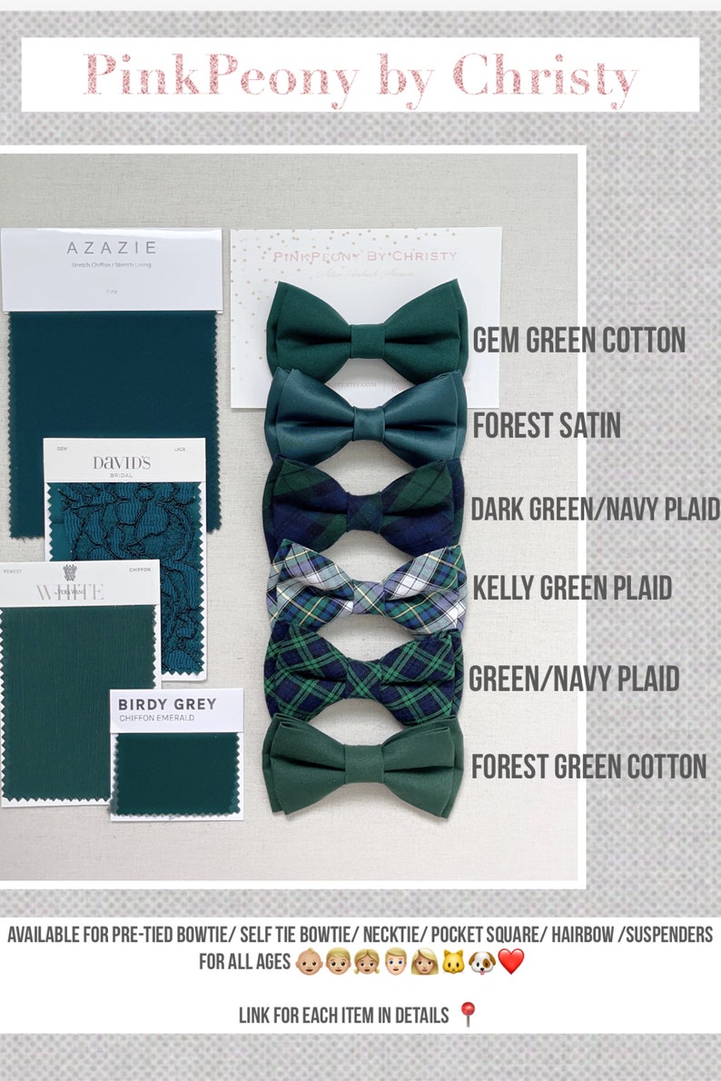 Pu&ograve; includere: Una selezione di papillon verdi, tra cui Gem Green Cotton, Forest Satin e motivi a quadri. Sono presenti anche campioni di tessuto di Azazie, David's Bridal e Birdy Grey. Il testo "PinkPeony by Christy" &egrave; visibile. Misure non applicabili.
