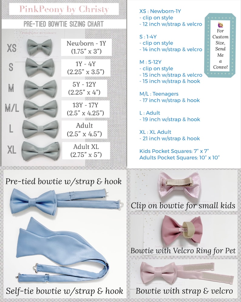 Pu&ograve; includere: Una tabella delle taglie per papillon pre-annodati, con taglie che vanno da Neonati a XL Adulto. La tabella include misure in pollici ed esempi di diversi stili, tra cui clip, cinturino e gancio, e papillon da annodare. Sono indicate anche le dimensioni dei fazzoletti da taschino.