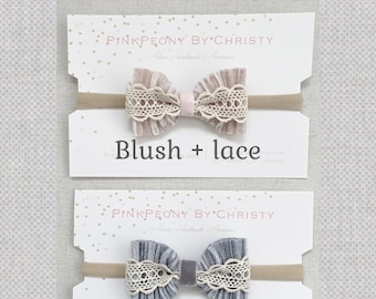 Dainty velvet bow-pleated velvet bow-baby headband-Blush velvet bow-mini hairbow- mini headband-Neutral hair bow-silver velvet bow-lace bow