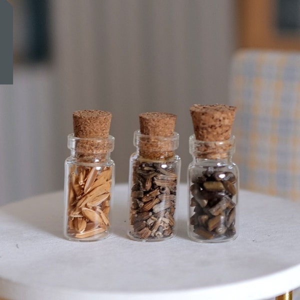 Dollhouse Miniature Spice Seasoning Container Bottles with Corks and Ingredients Set of 4 in 1:12 Scale - E082