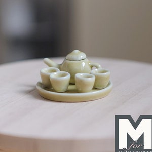 Dollhouse Teapot Cups and Tray Set 1:12 Scale Miniature Ceramic Set of 6 (yellow) - A036