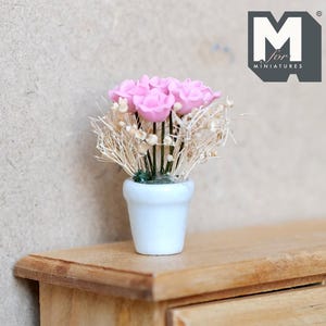 Miniature Pink Rose in Vase 1:12 Scale Dollhouse Supplies Garden Flowers Roses in Ceramic Pot 1-9/16 inch tall - F098