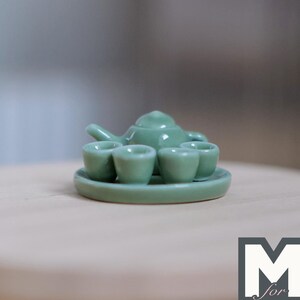 Dollhouse Teapot Cups and Tray Set 1:12 Scale Miniature Ceramic Set of 6 (green) - A036